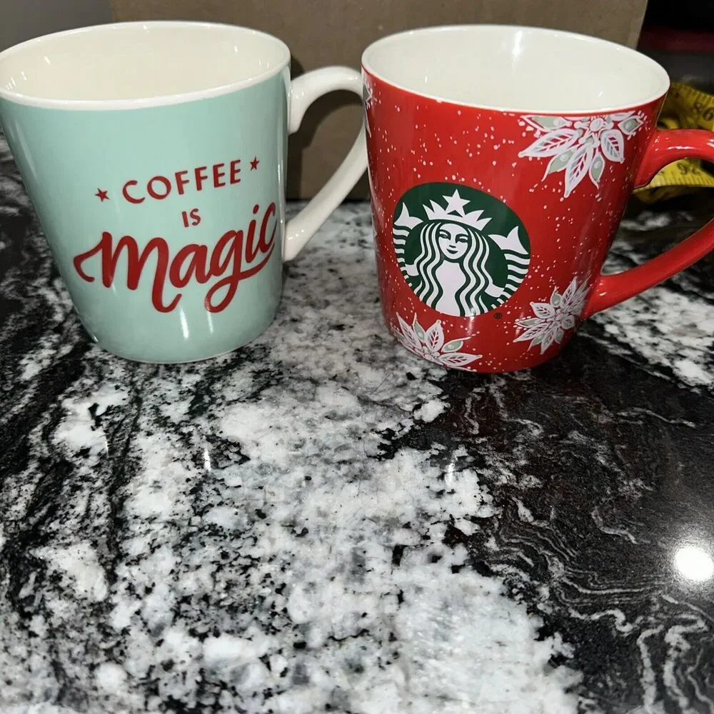 Starbucks Red Holiday Mug 18oz 2020 Holly Poinsettia & 2019 Coffee Is Magic Mug